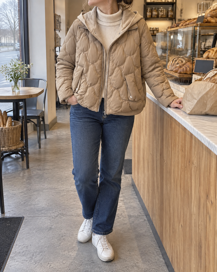 Cassandre - Knit Hood Puffer Jacket in khaki, at the bakery counter on a grey morning