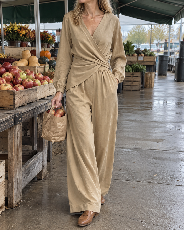 Lucille - Puff-Sleeve Linen-Look Set in khaki, at the farmers&
