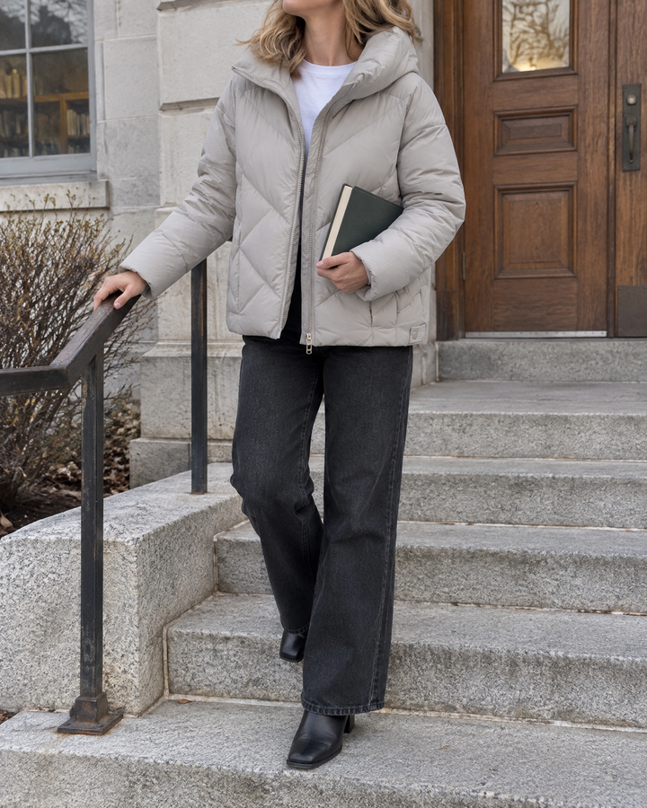 Bernadette - Hooded Padded Jacket in grey, on the library steps