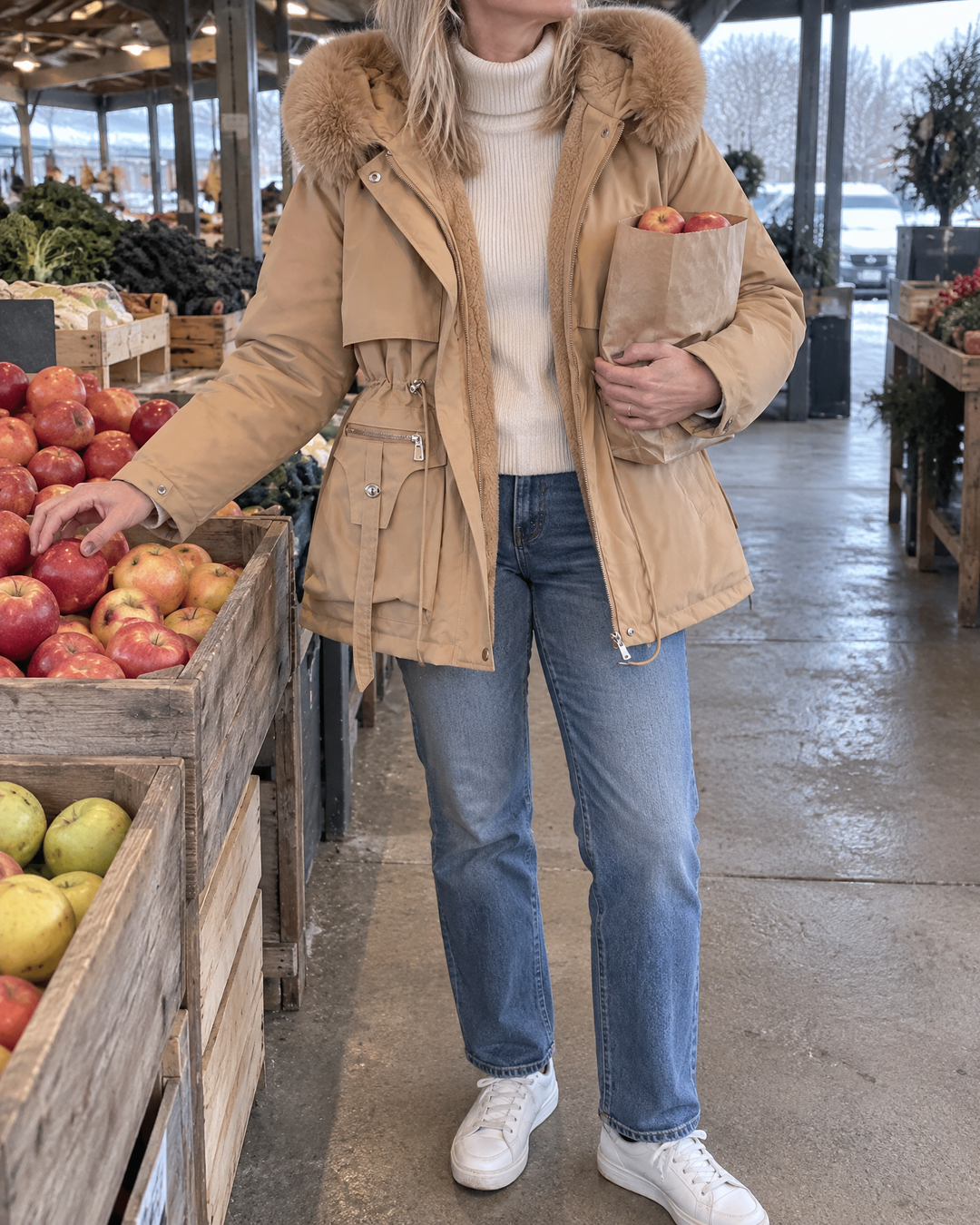 Brigitte - Faux Fur Hooded Parka in khaki, at the Saturday market