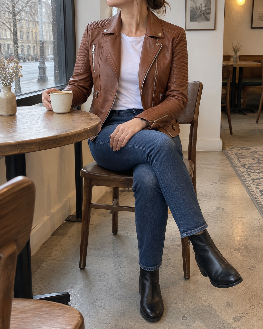 Tatiana - Quilted Faux Leather Biker Jacket in cognac, at a café table on a grey afternoon