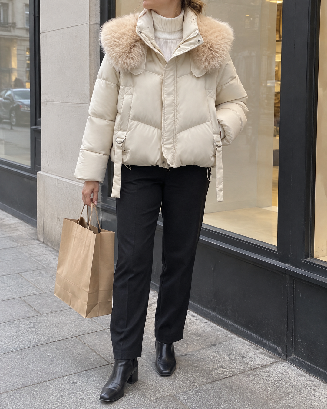Chloe - Faux Fur Shawl Collar Puffer in cream, by a shop window on an overcast afternoon