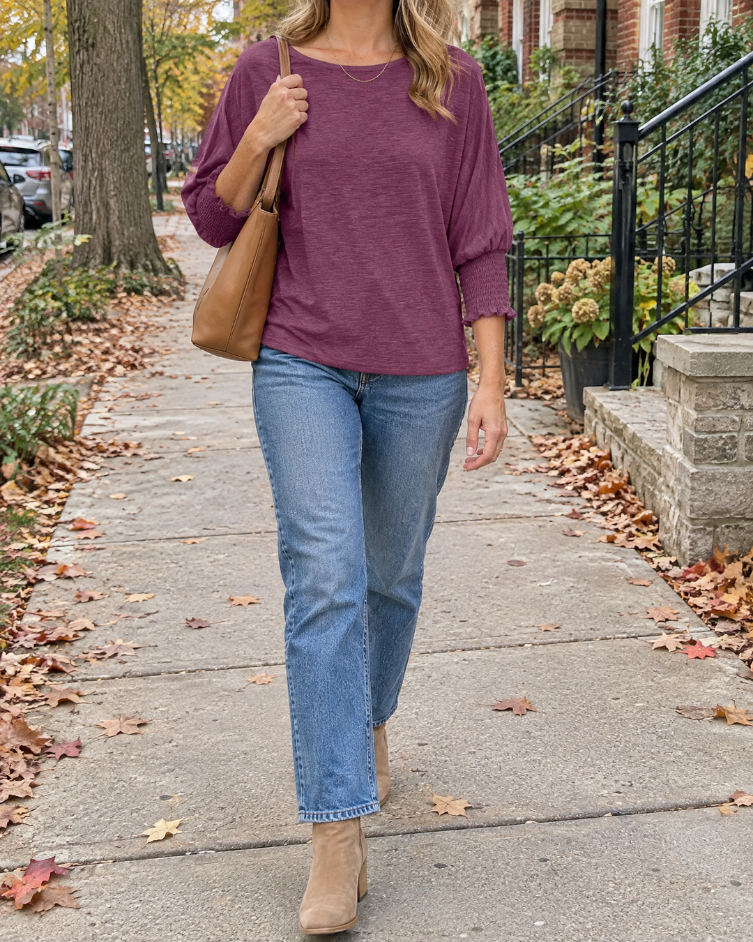 Laurence - Smocked Cuff Top in plum, on a walk through the neighbourhood