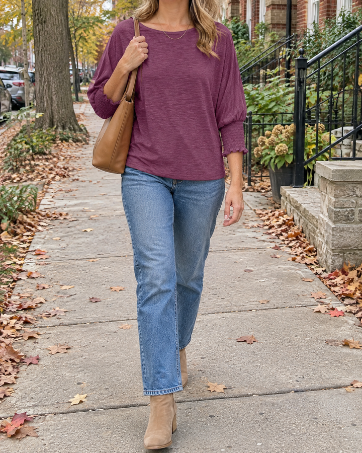 Laurence - Smocked Cuff Top in plum, on a walk through the neighbourhood