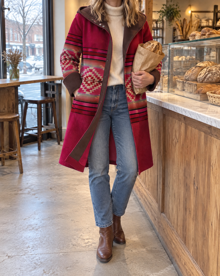 Nicole - Hooded Geometric Print Coat in red, at the bakery on a grey afternoon