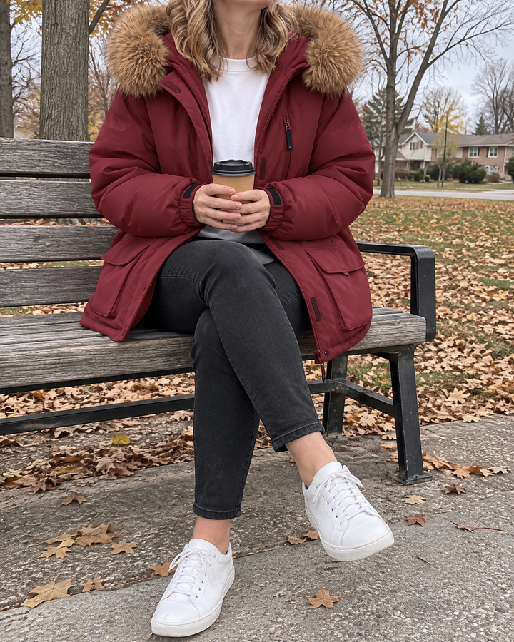 Francine - Oversized Hooded Parka in wine, a coffee on a park bench