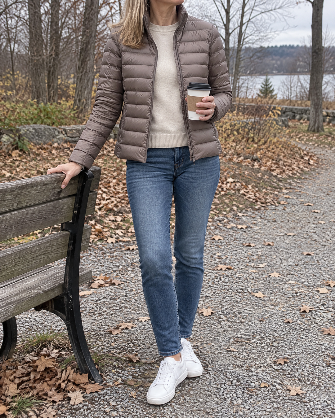 Eveline - Lightweight Puffer Jacket in taupe, in the park on a grey afternoon