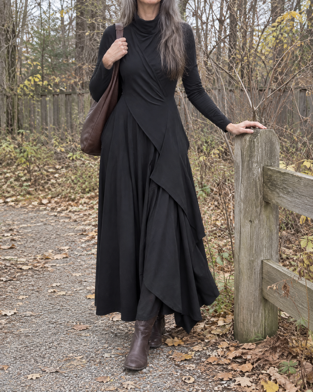 Sylvie - Draped Turtleneck Maxi Dress in black, worn outdoors