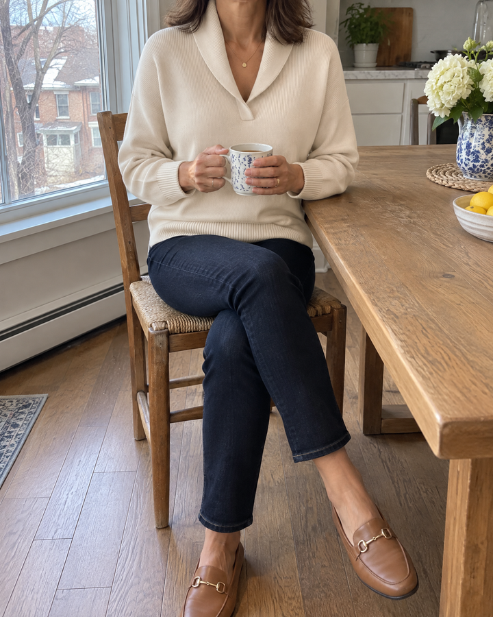 Helene - Shawl Collar Sweater in cream, worn at a kitchen table