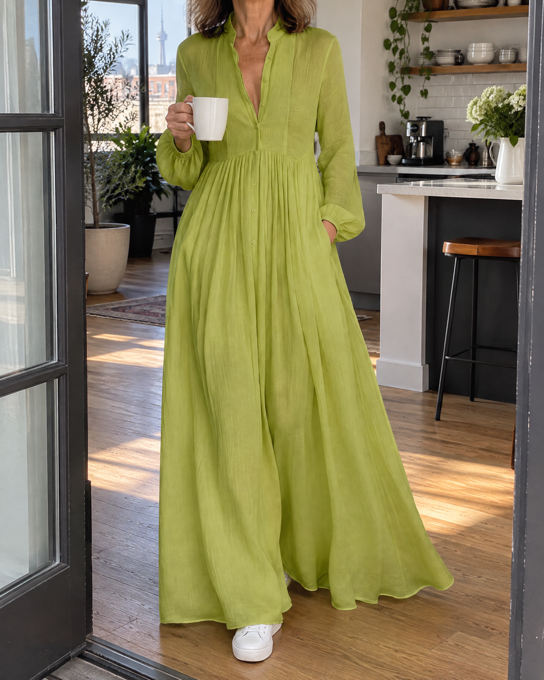 Colette - Button-Front Maxi Dress in green, worn at home