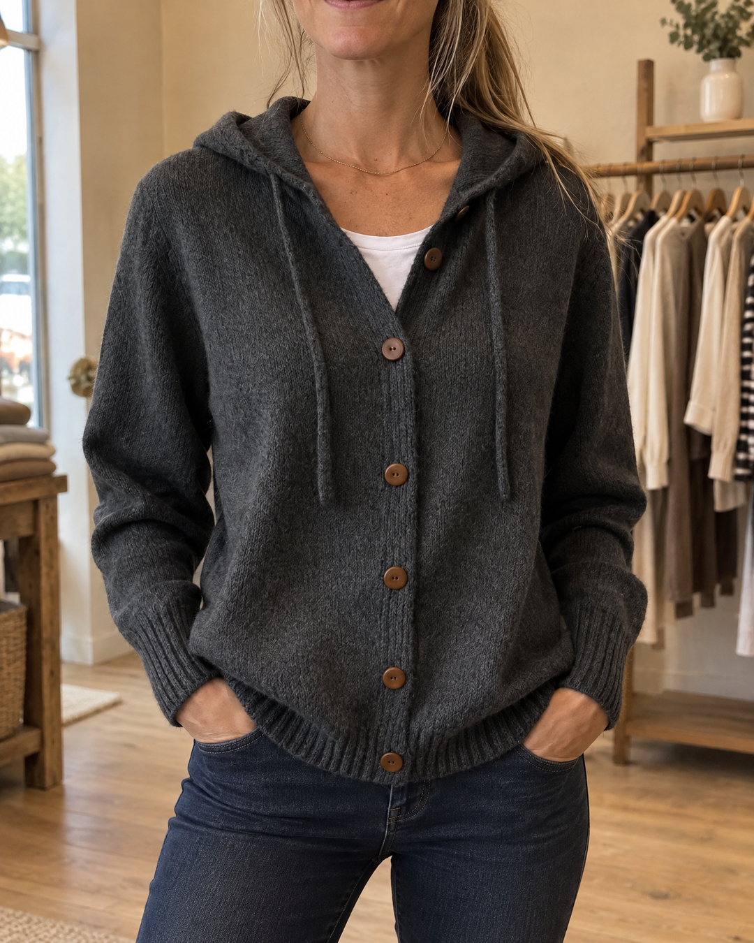 Greta - Hooded Knit Cardigan in black, front view