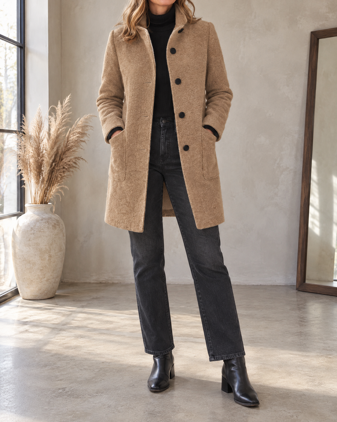 Augustine - Stand Collar Wool-Look Coat in camel, front view