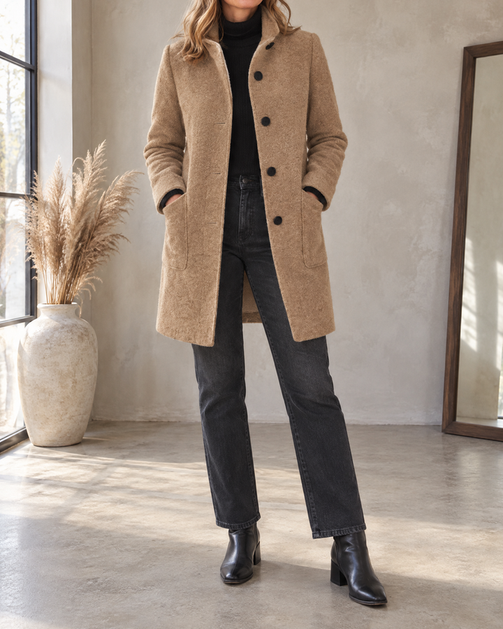 Augustine - Stand Collar Wool-Look Coat in camel, front view