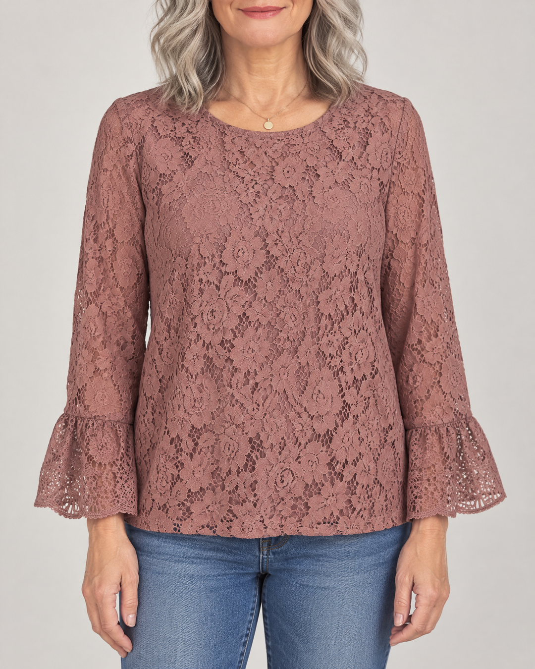 Violette - Lace Long Sleeve Top in dusty pink, front view