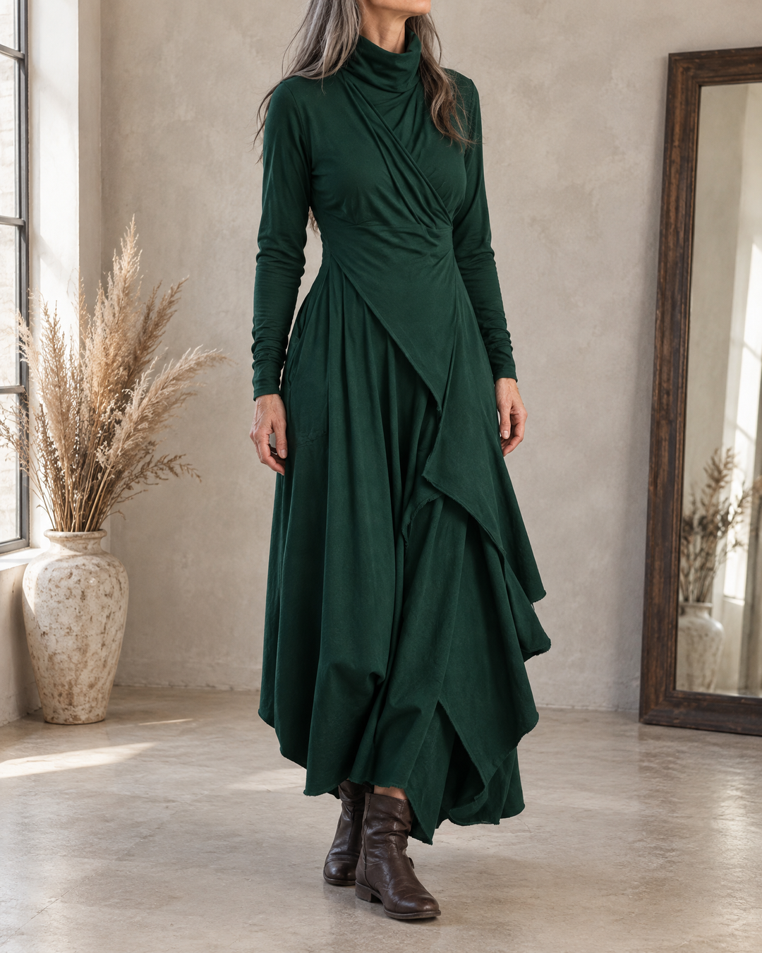 Sylvie - Draped Turtleneck Maxi Dress in green, front view