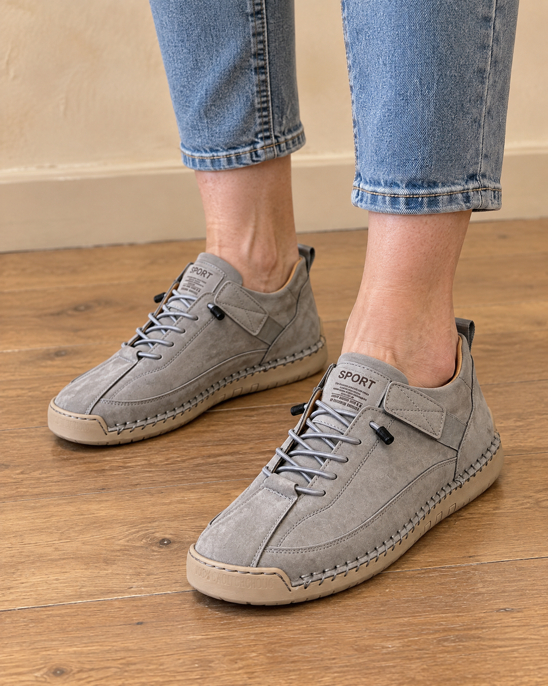 Lison - Easy-On Stitched Sneakers in grey, front view