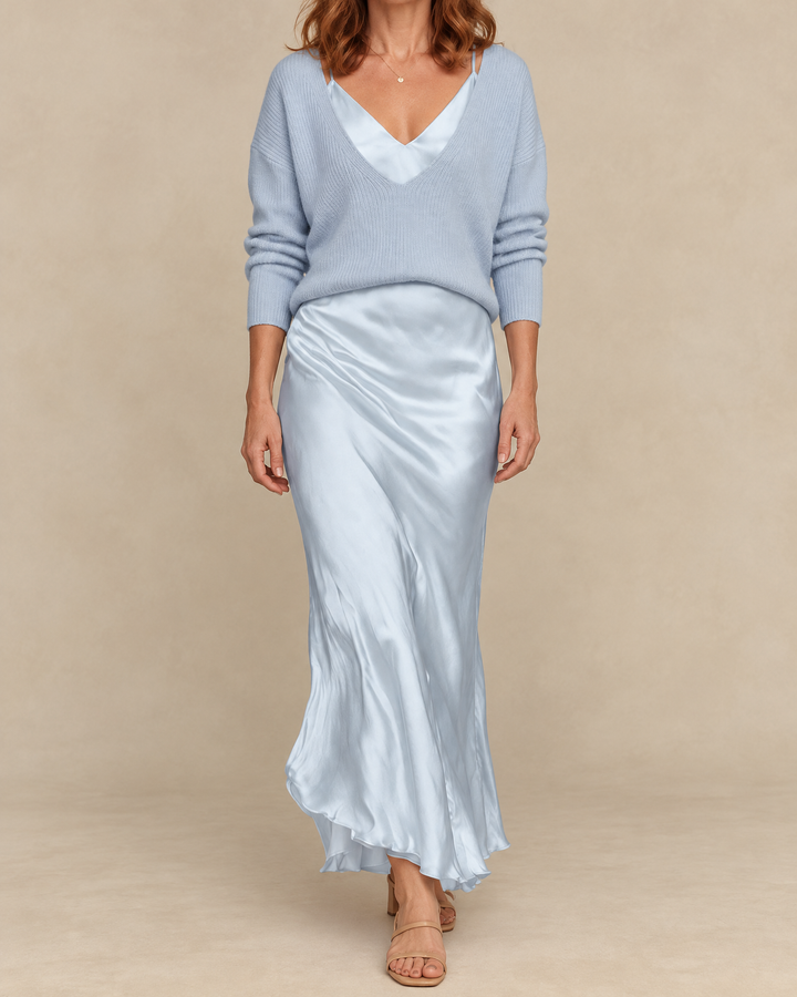 Aurore - Sweater and Satin Slip Set in light blue, front view