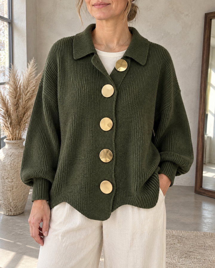 Albane - Collared Button Cardigan in olive, front view