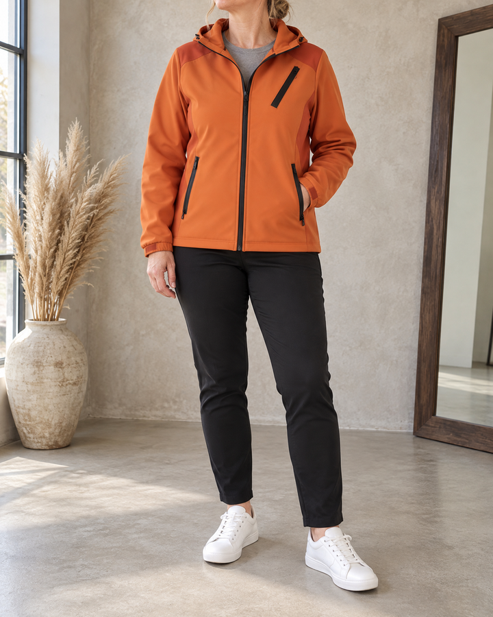 Gwenaelle - Hooded Softshell Jacket in orange, front view
