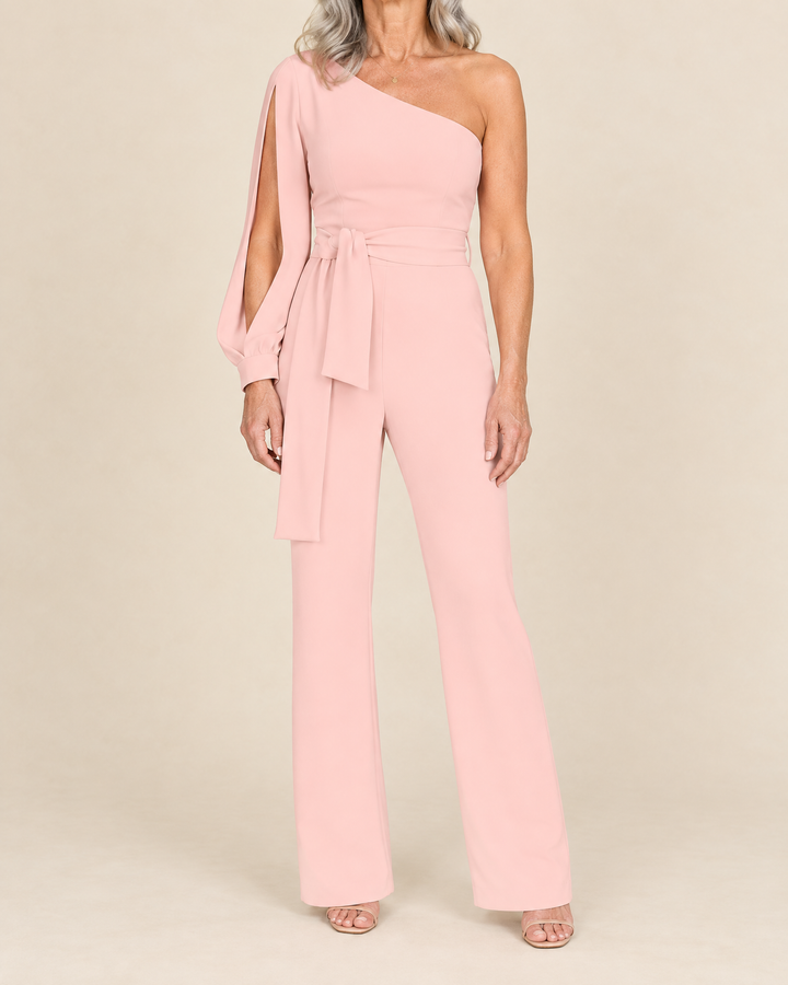 Isabeau - One Shoulder Tie Jumpsuit in pink, front view