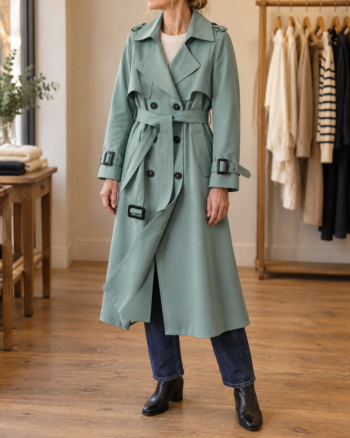 Monique - Long Belted Trench Coat in sage green, front view
