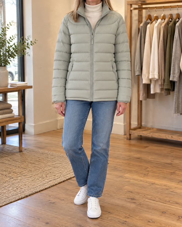 Adeline - Stand Collar Puffer Jacket in sage, front view