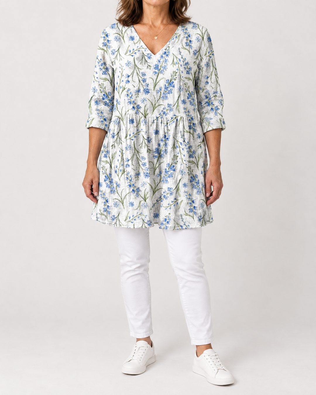 Marguerite - Printed Tunic Top in white meadow, front view
