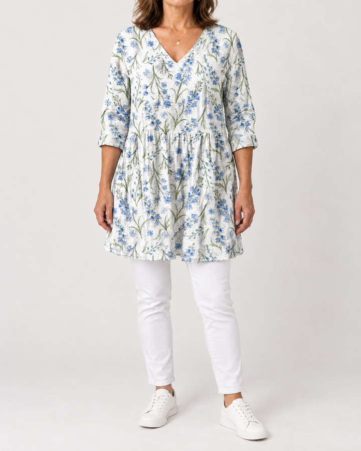 Marguerite - Printed Tunic Top in white meadow, front view