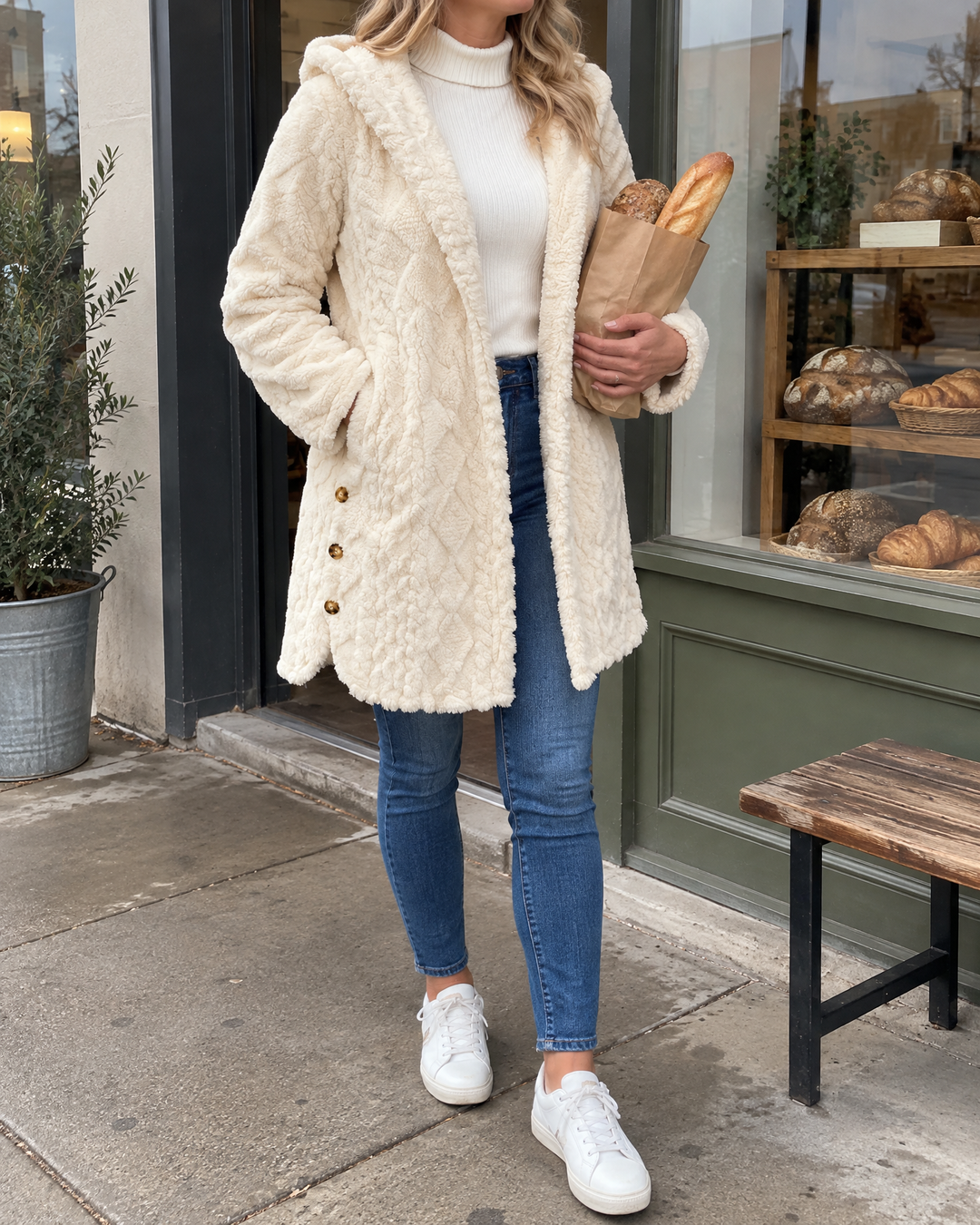 Corinne - Hooded Sherpa Jacket in white, a Sunday walk to the bakery