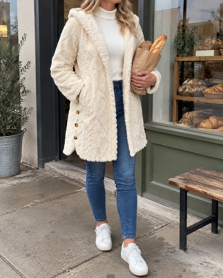 Corinne - Hooded Sherpa Jacket in white, a Sunday walk to the bakery