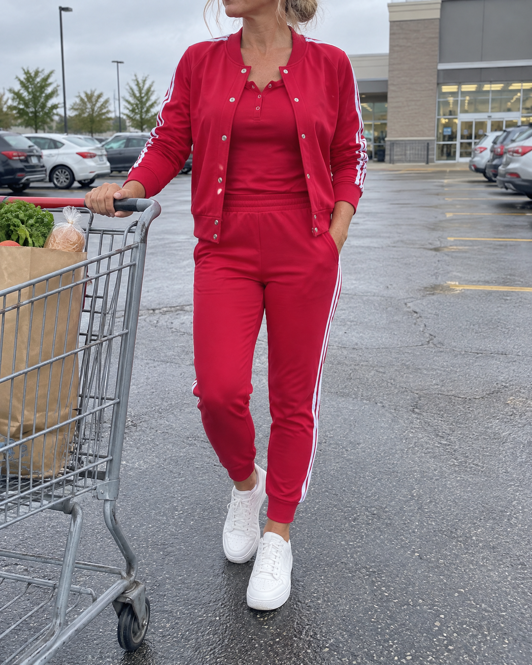 Sandrine - Striped Three-Piece Set in red, Saturday morning errands