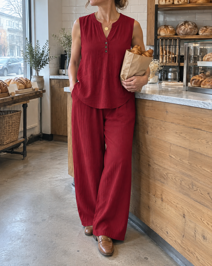 Marion - Sleeveless Top and Wide-Leg Set in wine, at the bakery on an overcast Saturday morning
