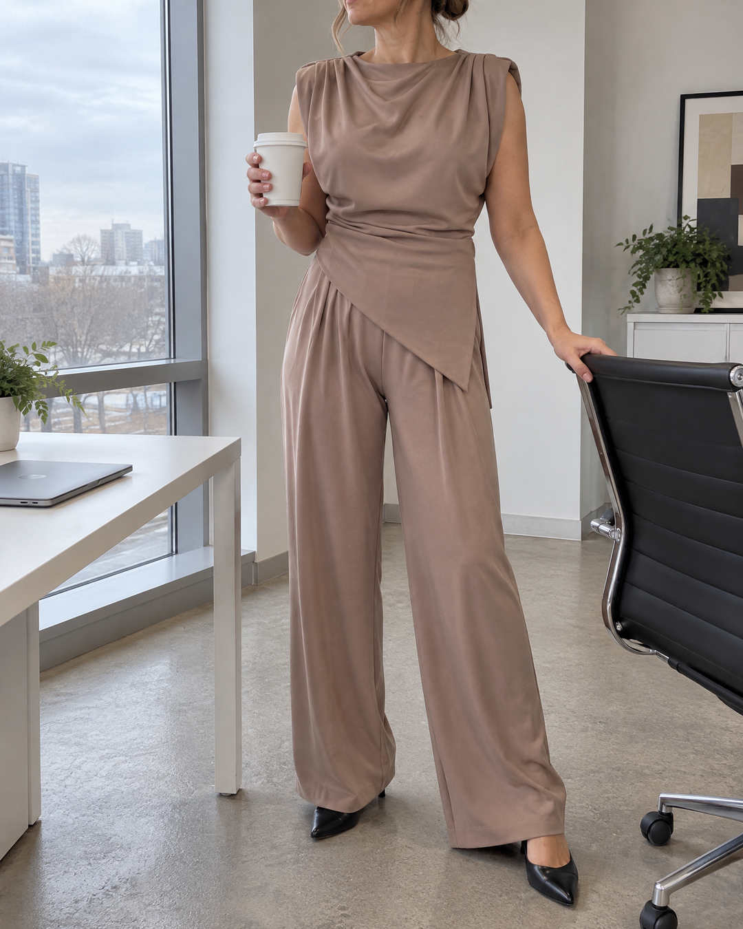 Jeanne - Asymmetric Sleeveless Set in taupe, at the office on a grey morning