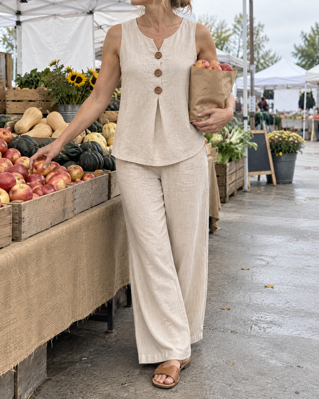 Paloma - Sleeveless Button Top Set in beige, at the farmers&