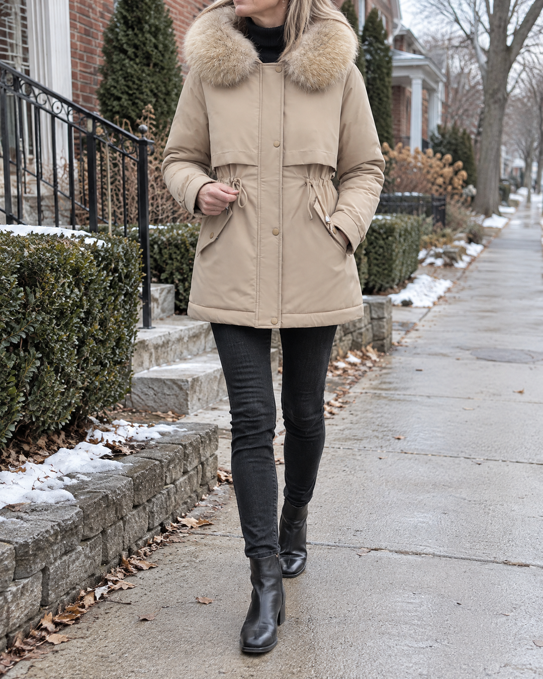 Geraldine - Plush Lined Parka in khaki, a walk around the block on a cold afternoon