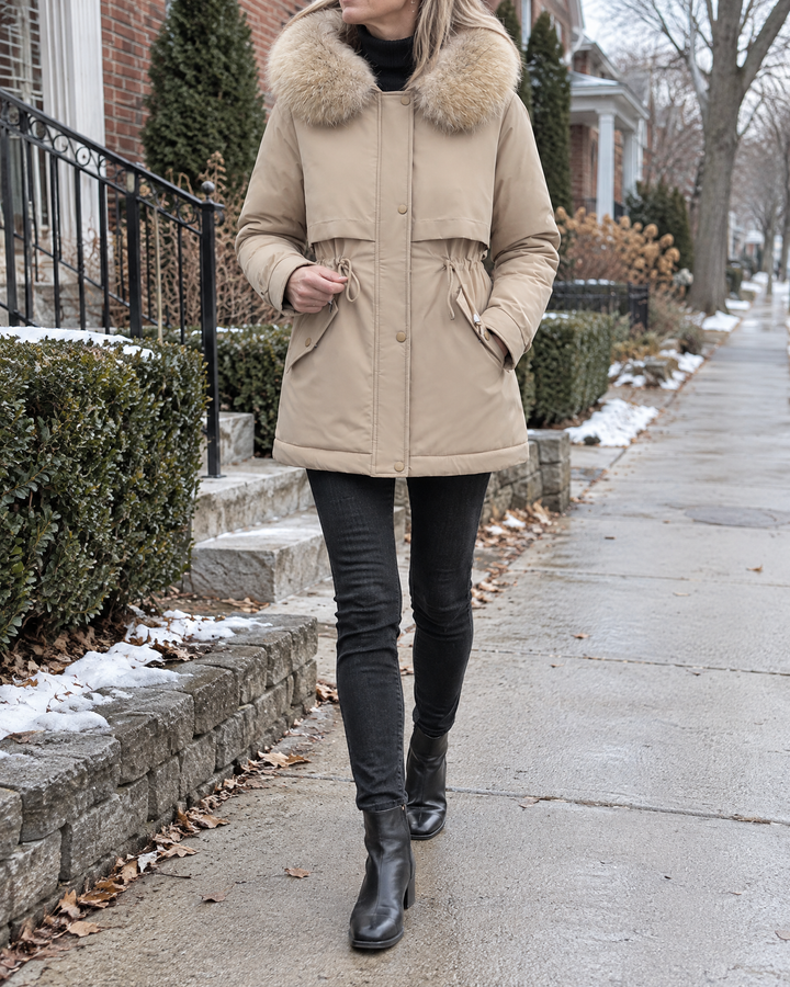 Geraldine - Plush Lined Parka in khaki, a walk around the block on a cold afternoon