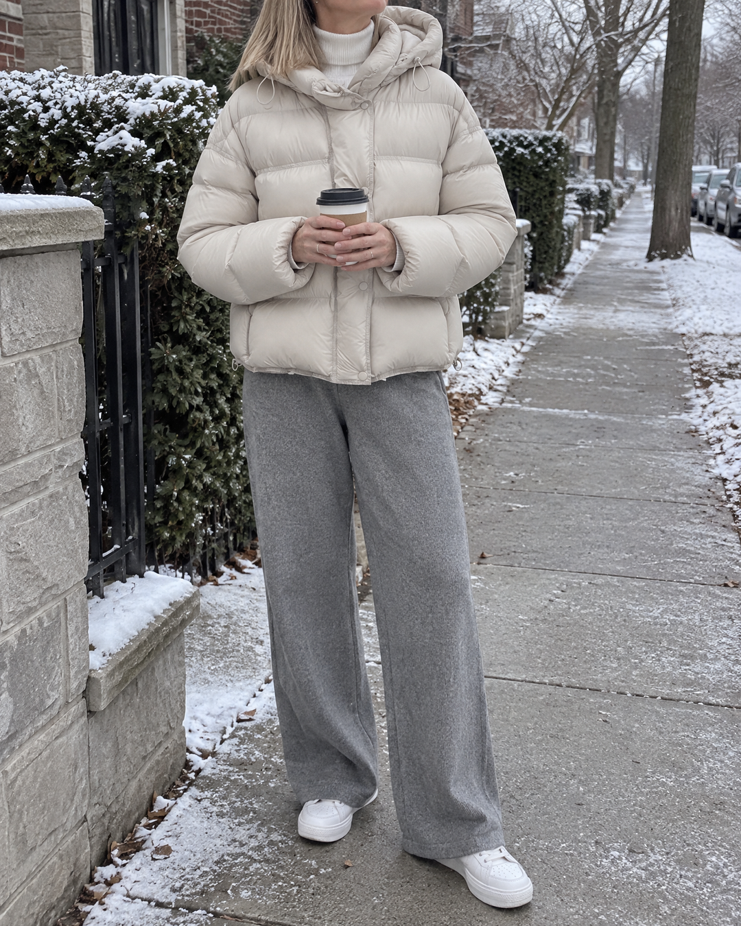 Annabelle - Hooded Down Puffer in cream, a cold morning with a coffee
