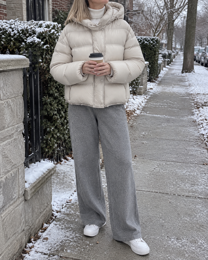 Annabelle - Hooded Down Puffer in cream, a cold morning with a coffee