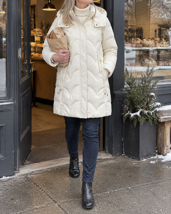 Esther - Wave Quilted Puffer Coat in cream, on the way home from the bakery