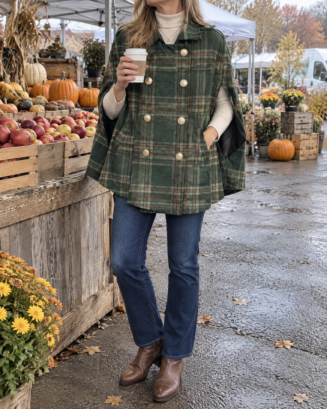 Marthe - Plaid Cape Coat in green, at a farmers market with a coffee