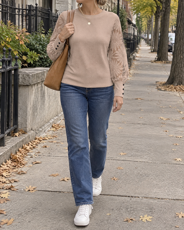 Laurine - Lace Sleeve Waffle Top in beige, on a quiet sidewalk on a fall afternoon