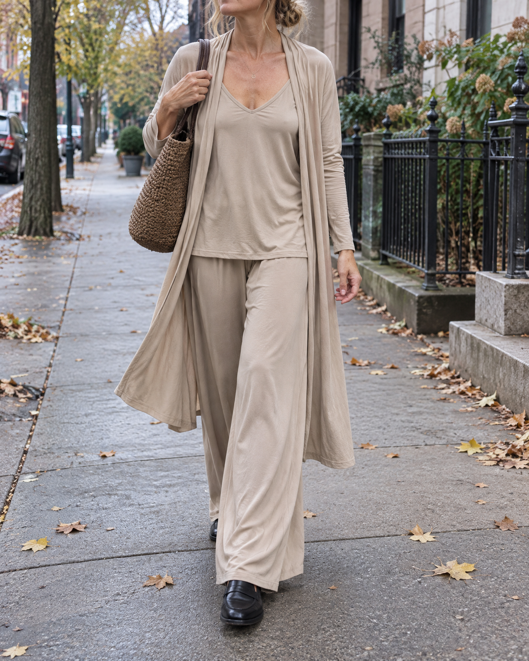 Ninon - Three-Piece Cardigan Set in camel, on a city street on an overcast afternoon