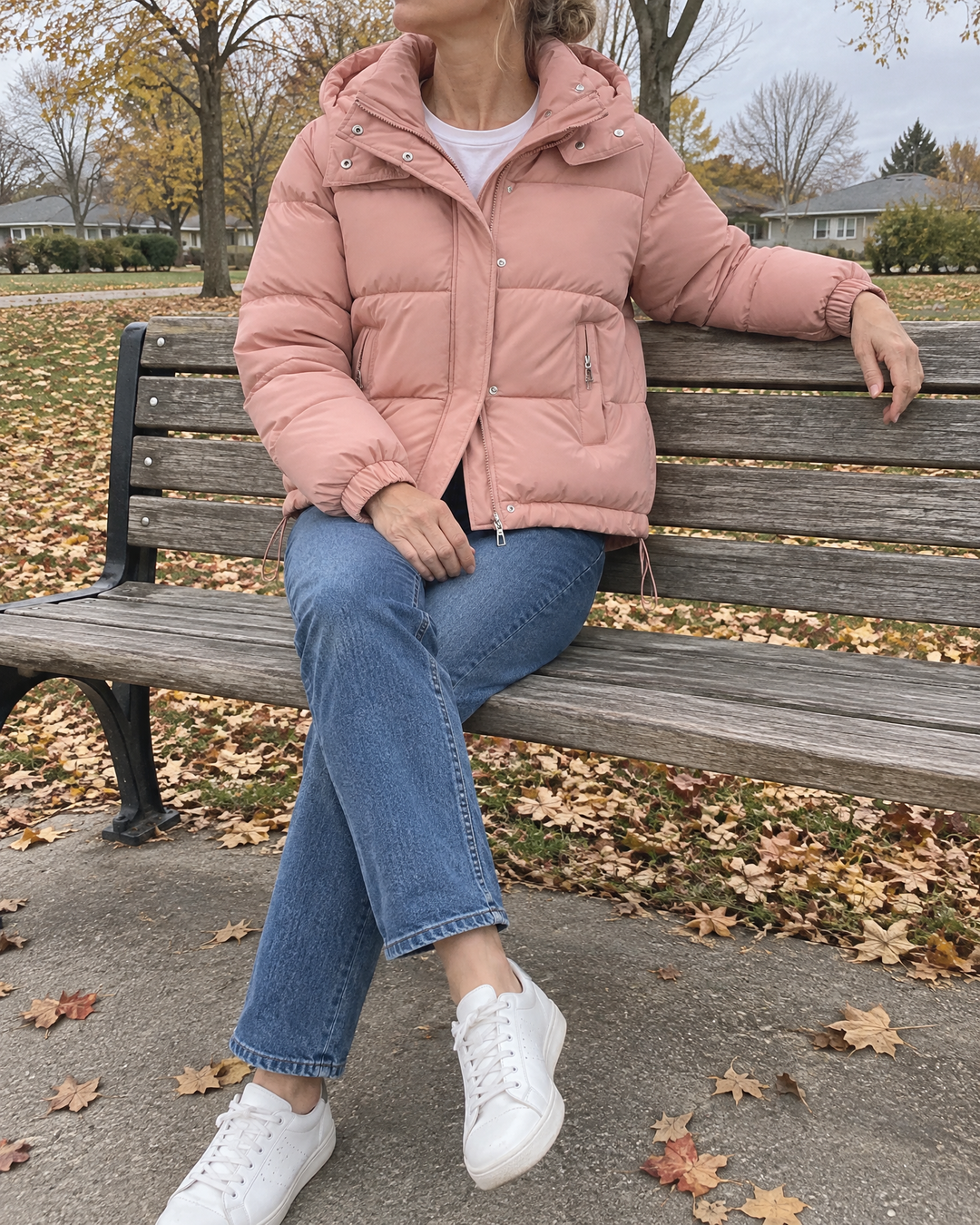 Audrey - Hooded Puffer Jacket in pink, a pause on the park bench