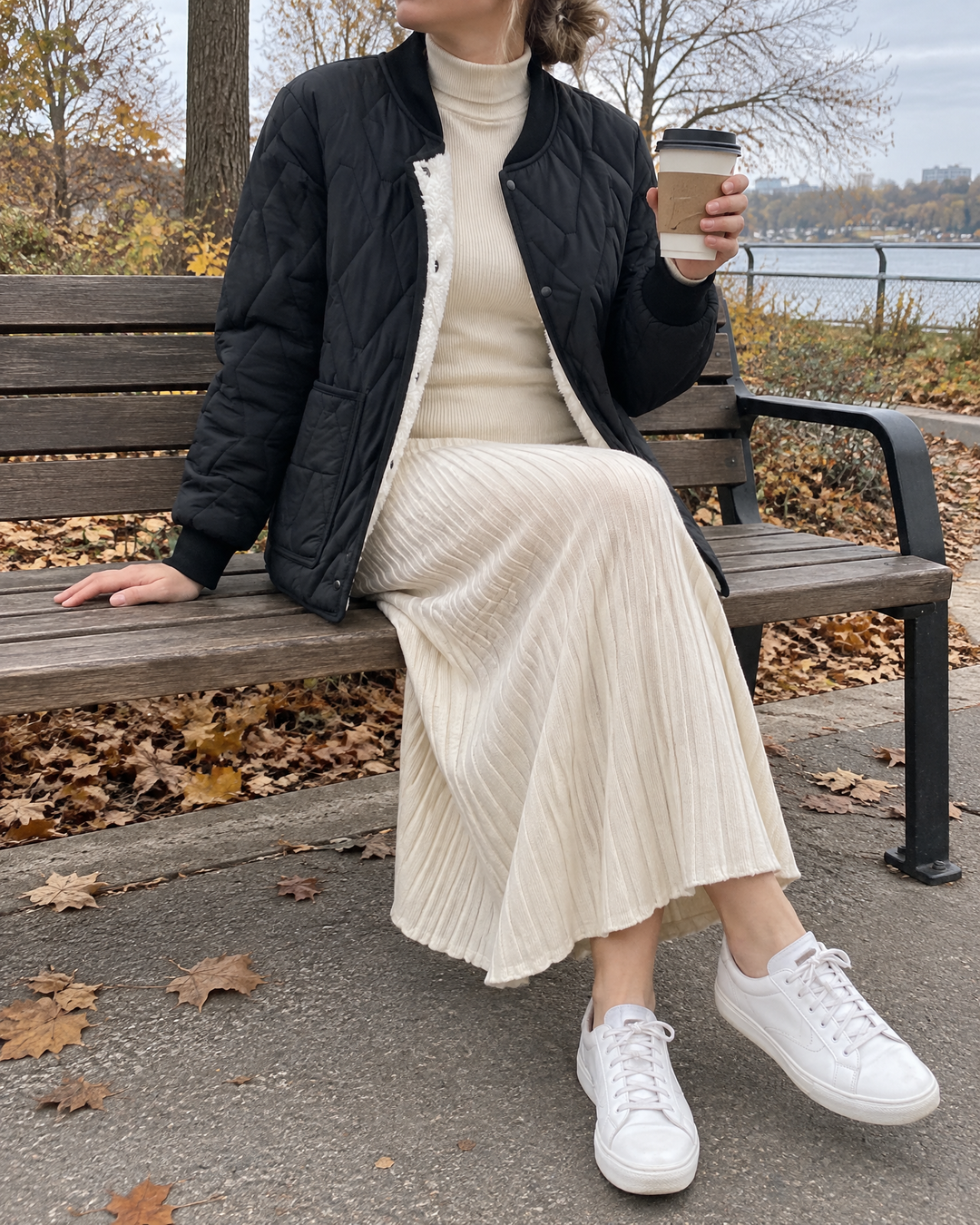 Dominique - Rib Collar Quilted Jacket in black, on a park bench on an overcast autumn day
