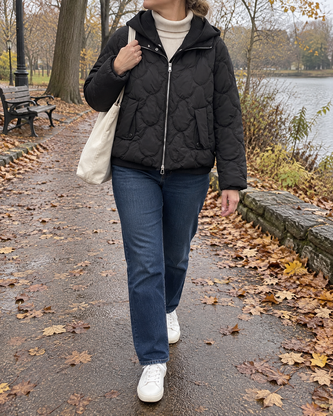 Cassandre - Knit Hood Puffer Jacket in black, on a park path on an overcast afternoon