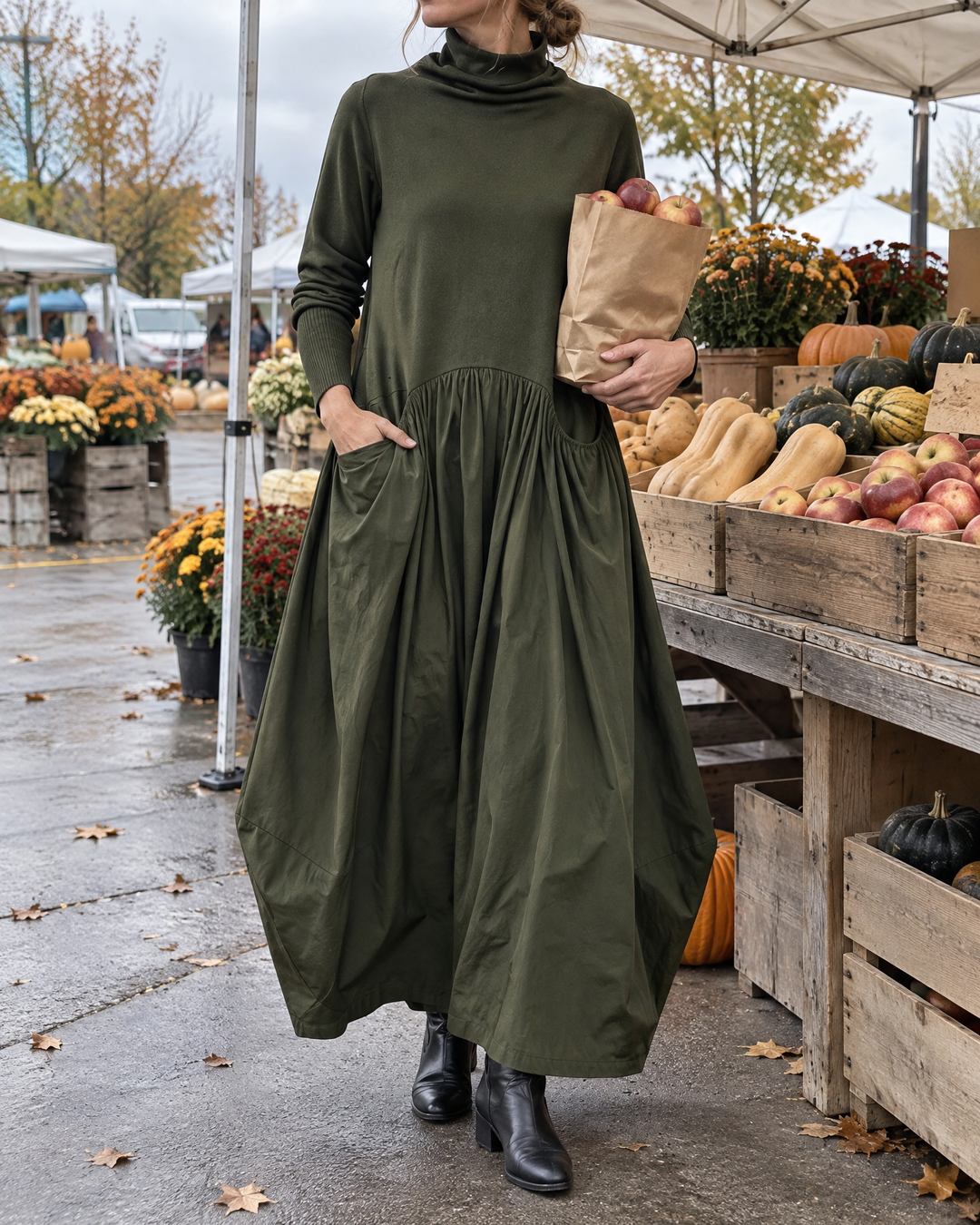 Odette - Turtleneck Maxi Dress in olive, at a farmers&