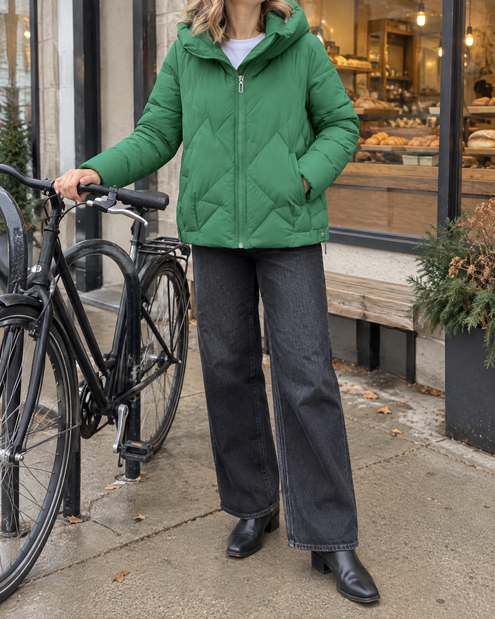 Bernadette - Hooded Padded Jacket in green, a morning ride to the bakery