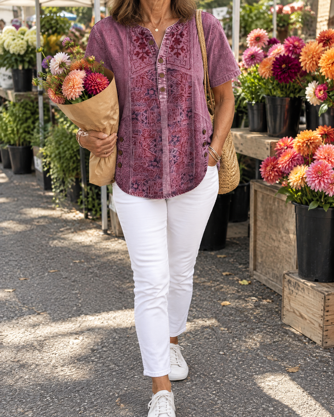 Ottilie - Art Print Henley Top in raspberry, worn at a market