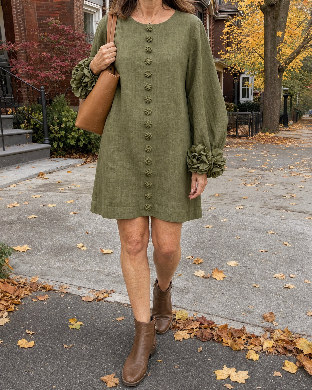 Rosalie - Floral Cuff Dress in olive, worn on a Toronto street in October