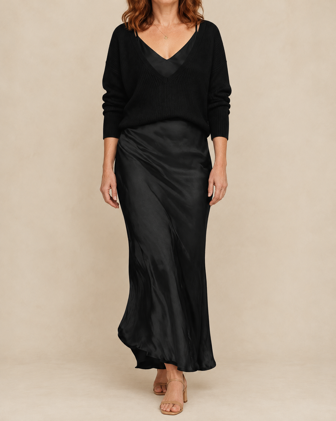Aurore - Sweater and Satin Slip Set in black, front view